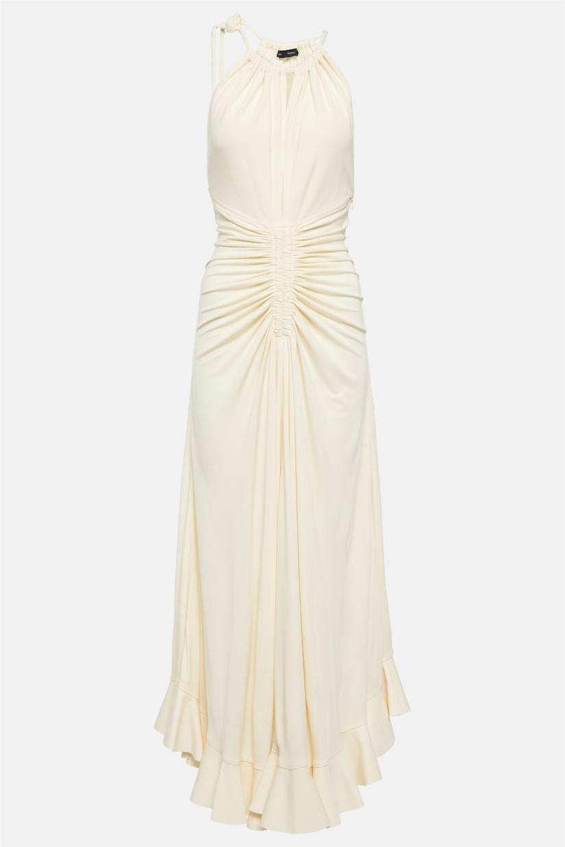 Knit Solid Shirring Lace Up Maxi Dress