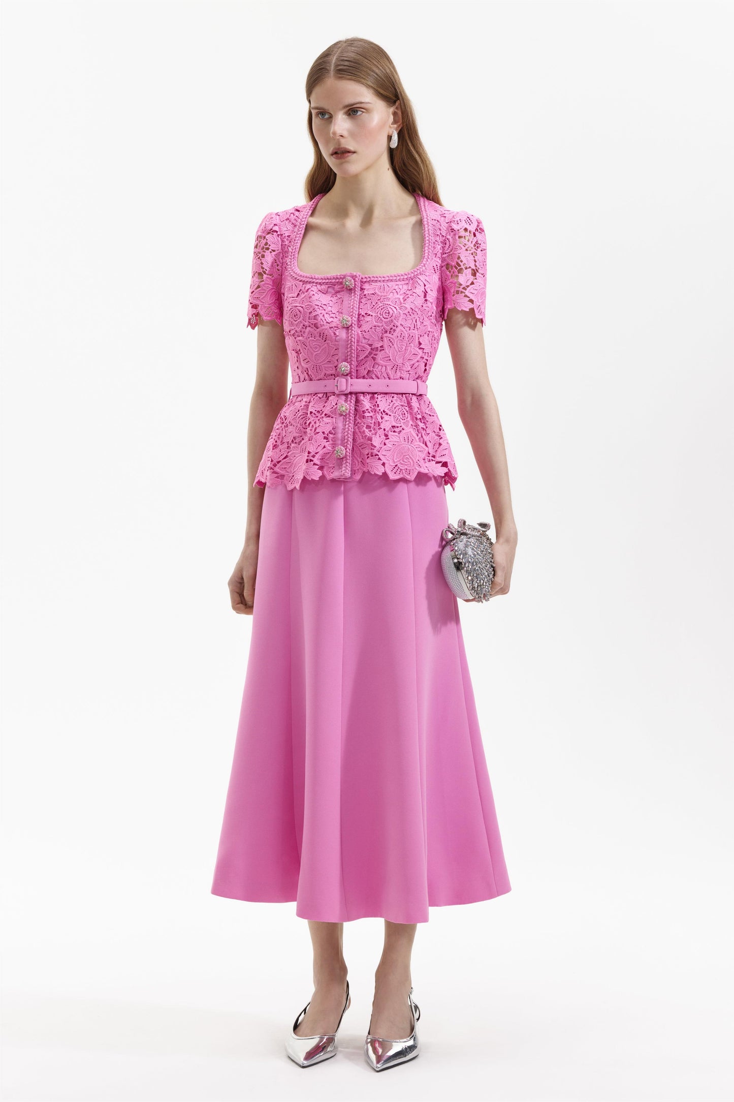 Lace Square Neck Midi Dress With Belt