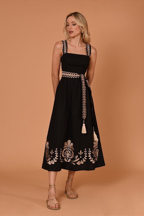 Embroidered Sleeveless Slip Midi Dress With Belt
