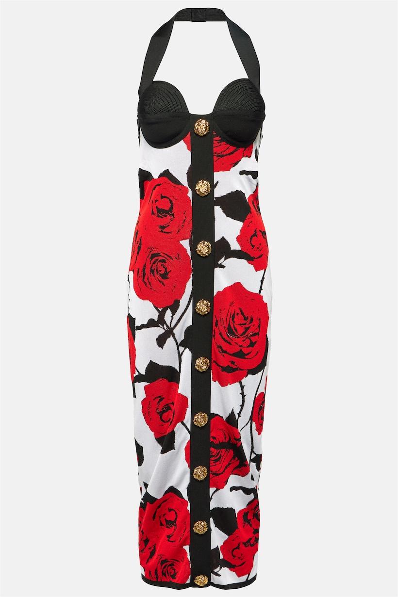 Knit Floral Metal Button Halter Neck Midi Dress