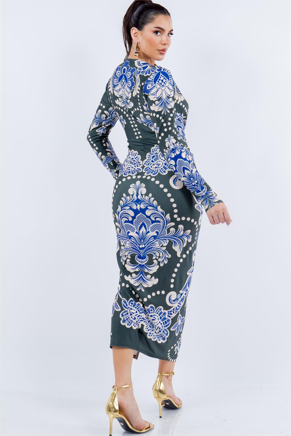 Paisley Print Ruched Long Sleeve Midi Dress