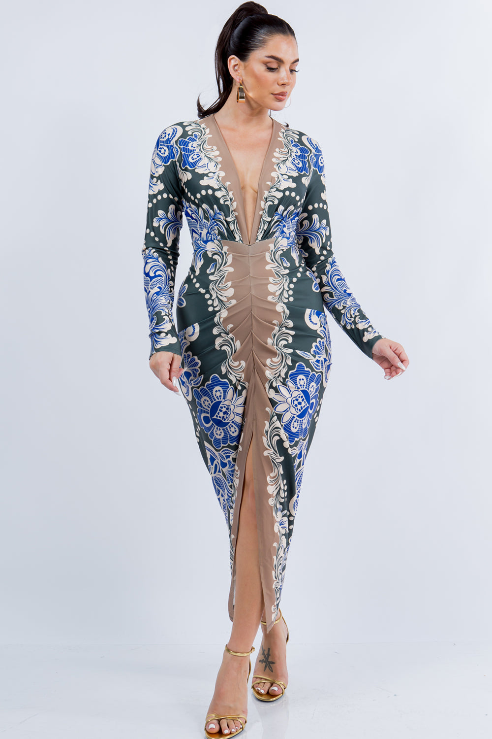 Paisley Print Ruched Long Sleeve Midi Dress