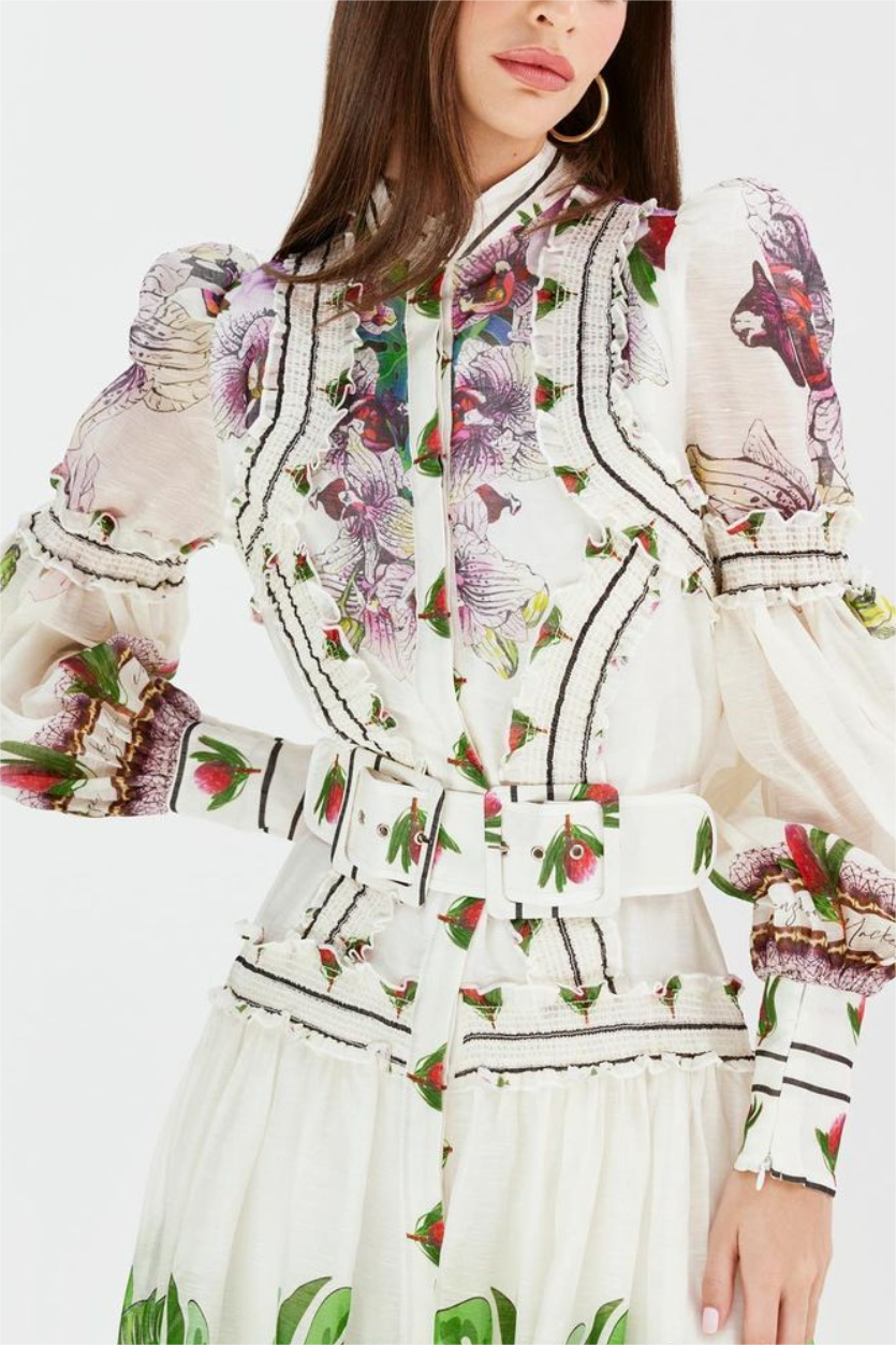 Floral Lantern Sleeve Midi Dress With Belt