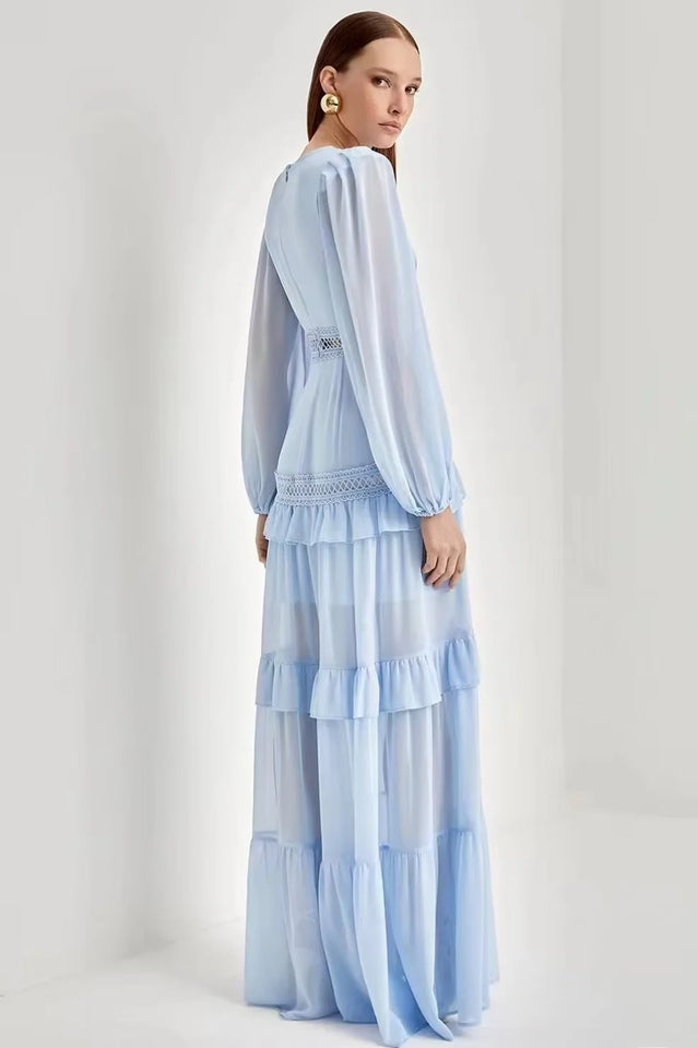 Solid Lace V-Neck Frill Midi Dress