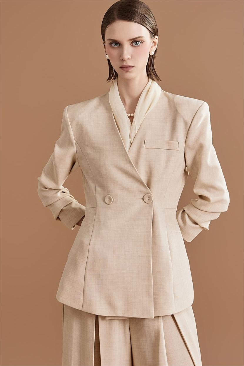 Solid Mid Sleeve Bottom Blazer & High Waist Wide Leg Pants Set With Belt