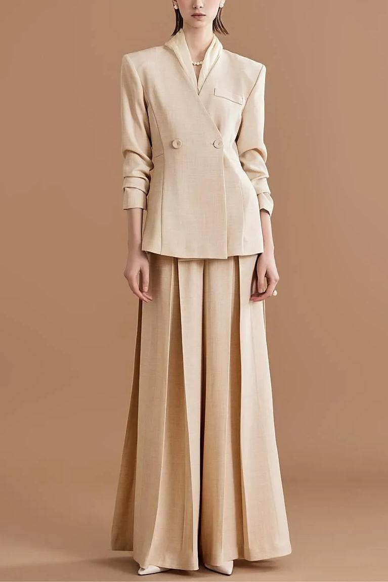 Solid Mid Sleeve Bottom Blazer & High Waist Wide Leg Pants Set With Belt