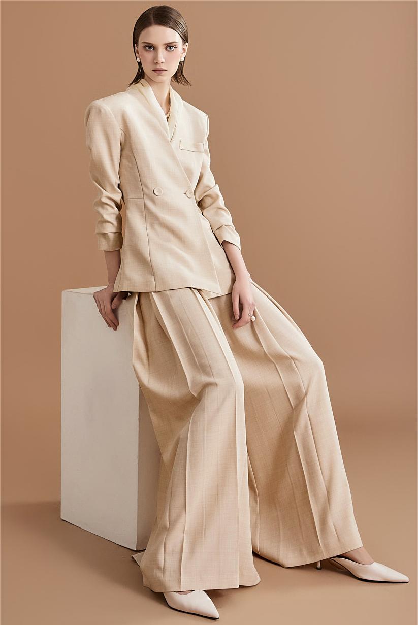 Solid Mid Sleeve Bottom Blazer & High Waist Wide Leg Pants Set With Belt