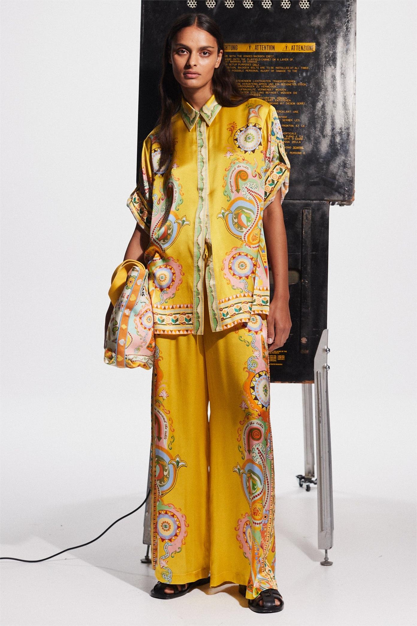 Paisley Print Satin Bottom Top & Mid Waist Pants Set