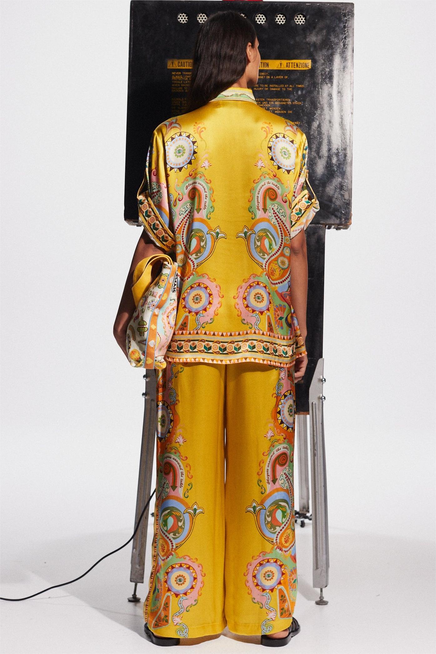 Paisley Print Satin Bottom Top & Mid Waist Pants Set
