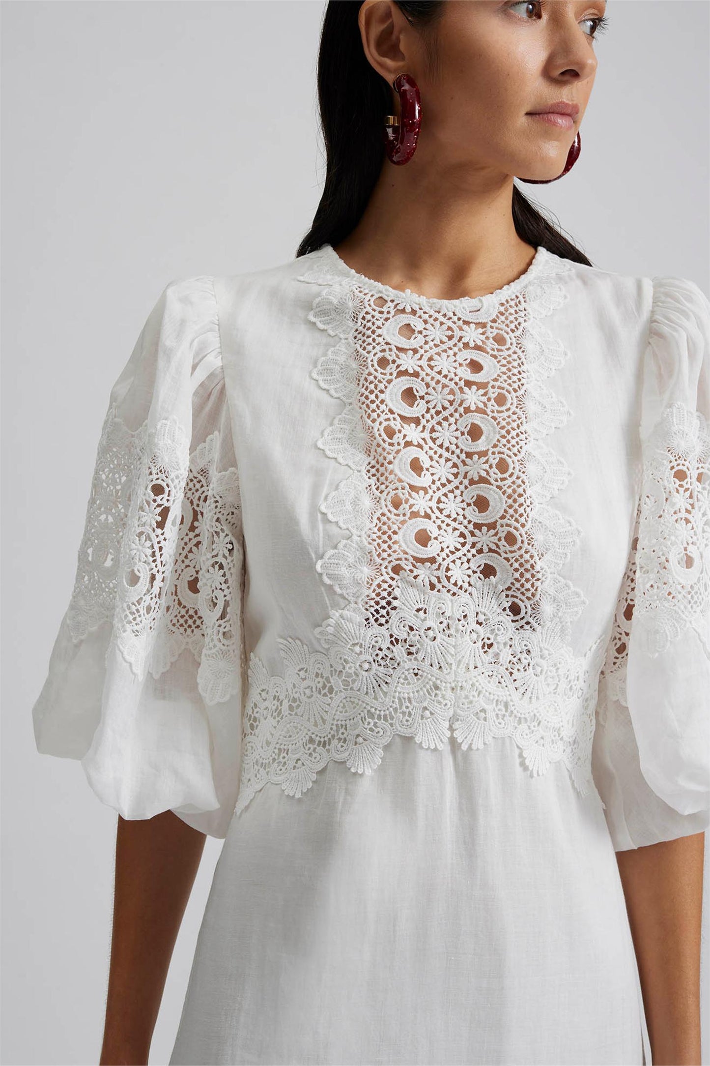 Embroidered Round Neck Puff Sleeve Midi Dress