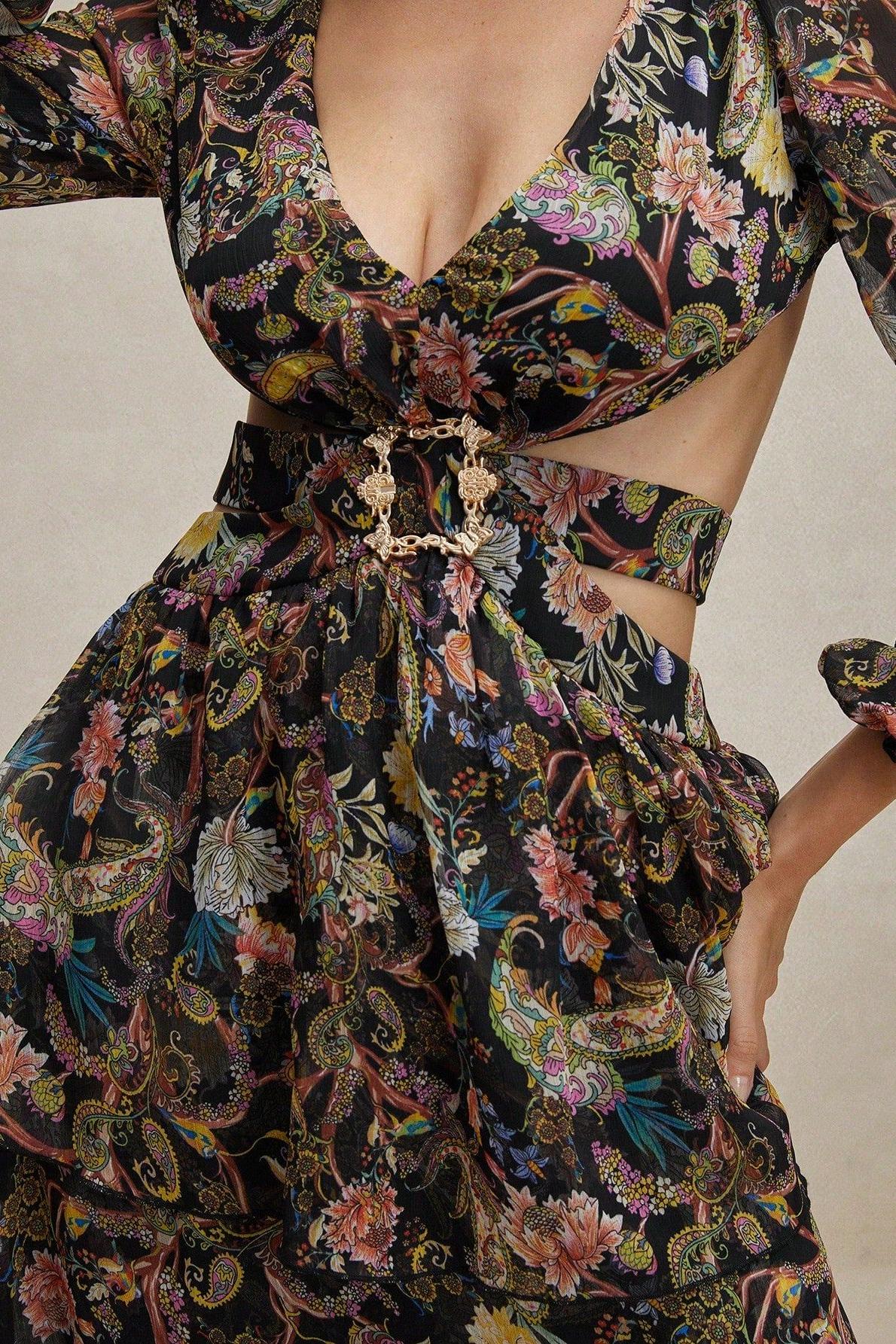 Chiffon Paisley Print Long Sleeve Midi Dress