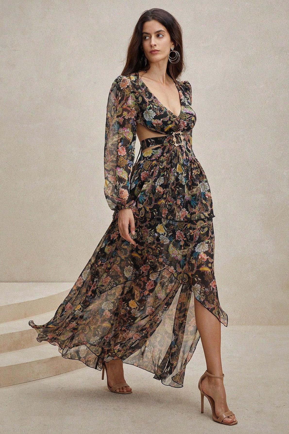 Chiffon Paisley Print Long Sleeve Midi Dress