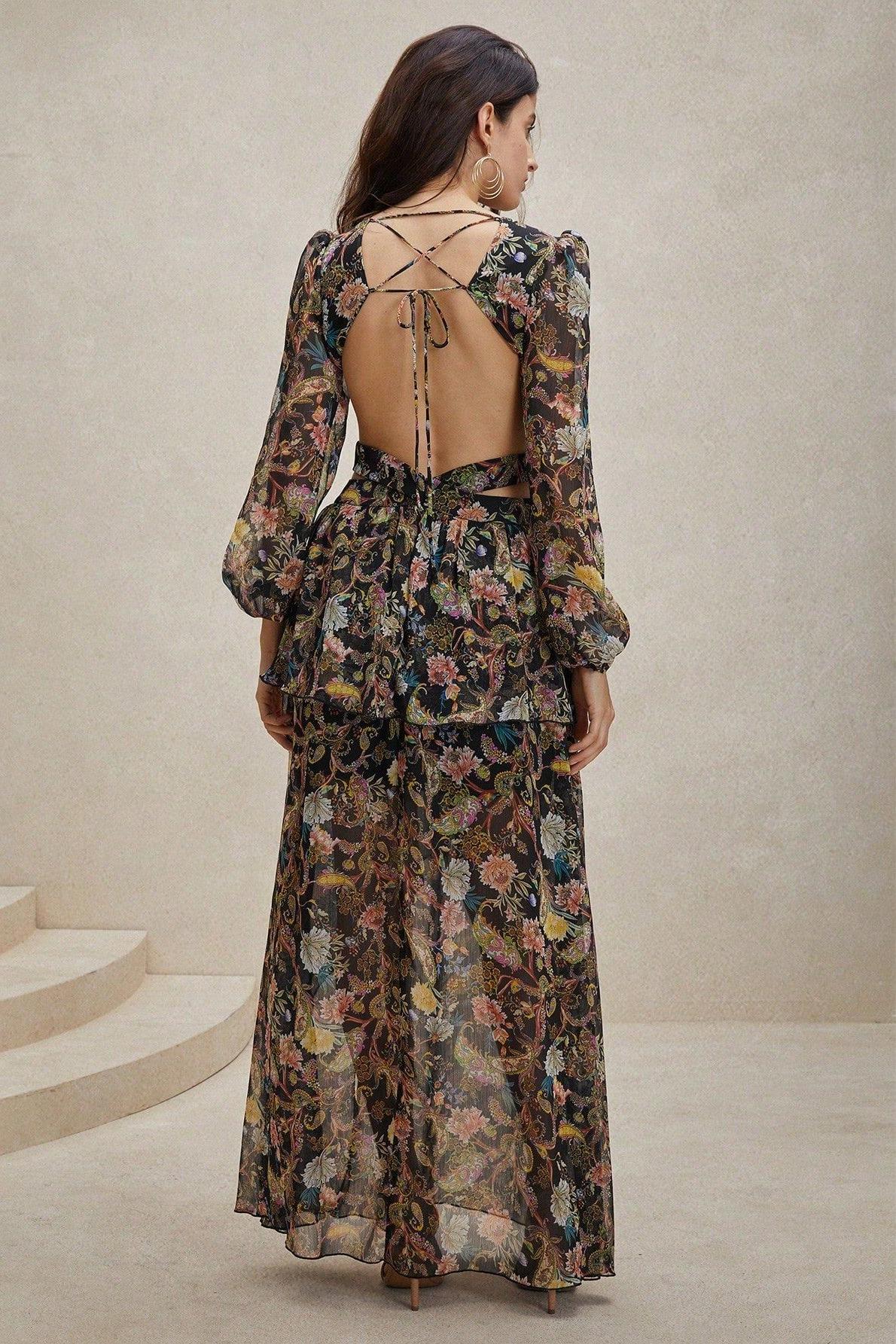 Chiffon Paisley Print Long Sleeve Midi Dress