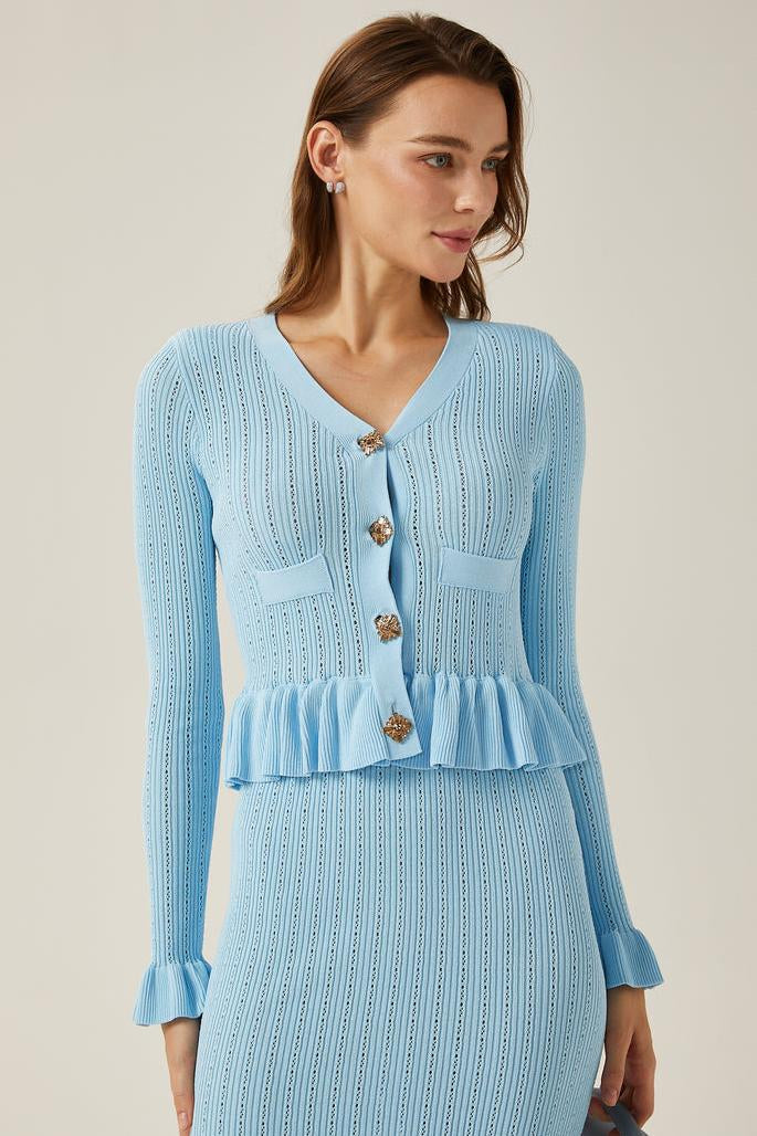 Solid Metal Button Top & High Waist Knit Midi Skirt Set Blue