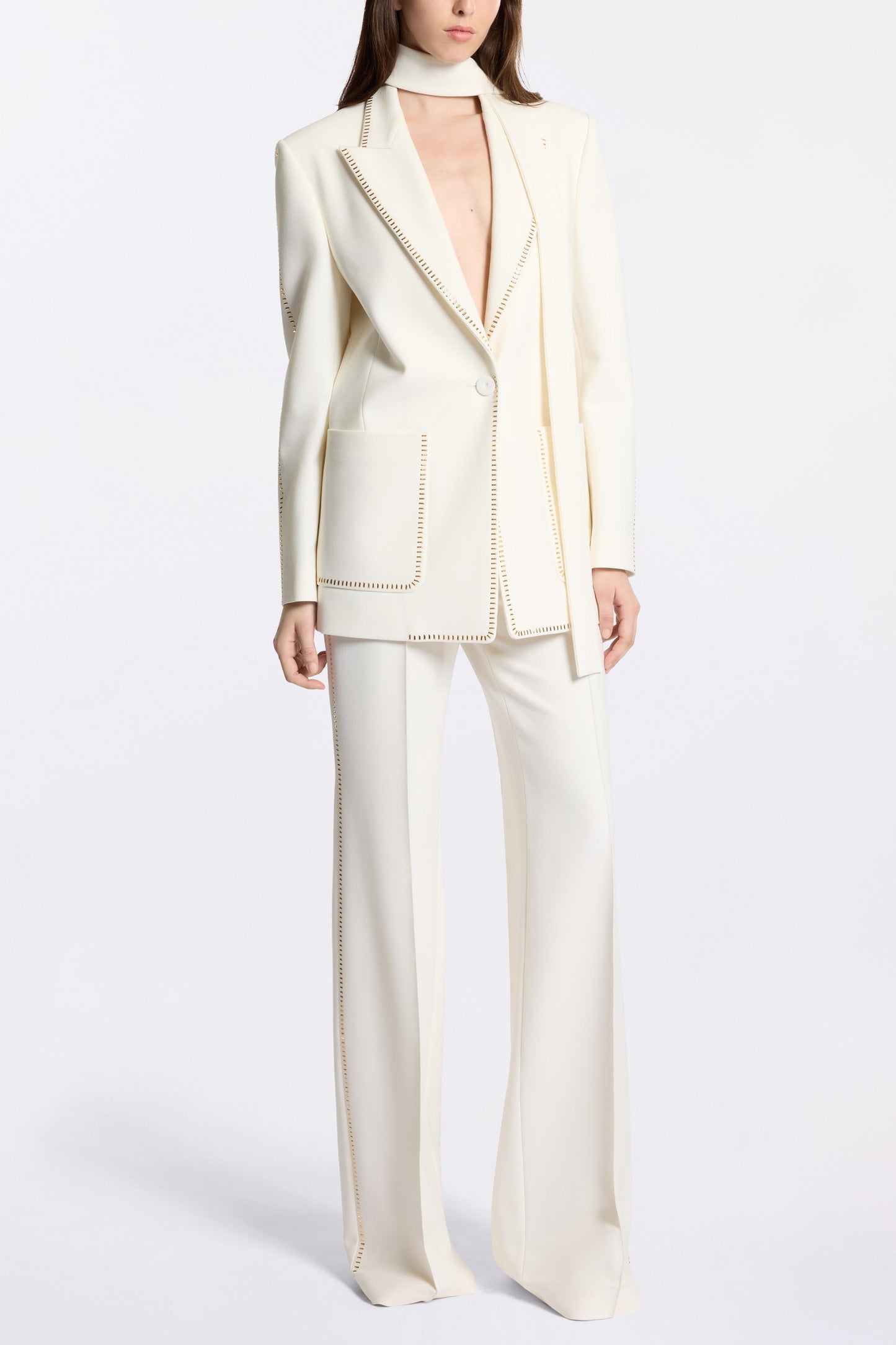 Solid Rhinestone Pocket Blazer & High Waist Pants