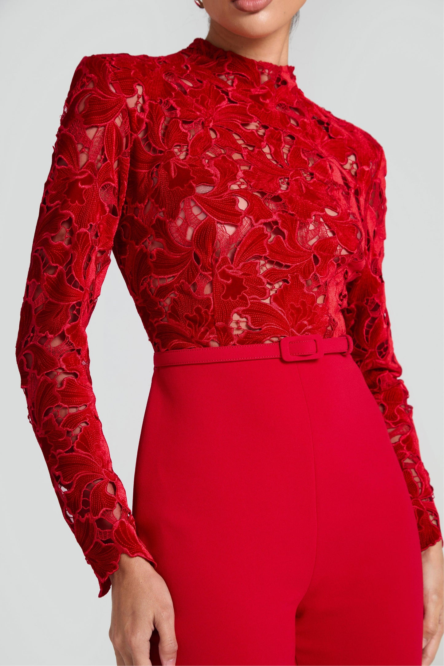 Lace Solid Long Sleeve Jumpsuit With Belt