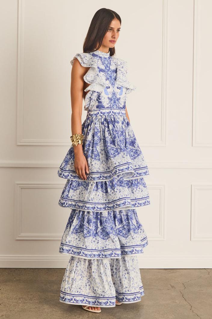 Paisley Print Ruffle Sleeveless Midi Dress