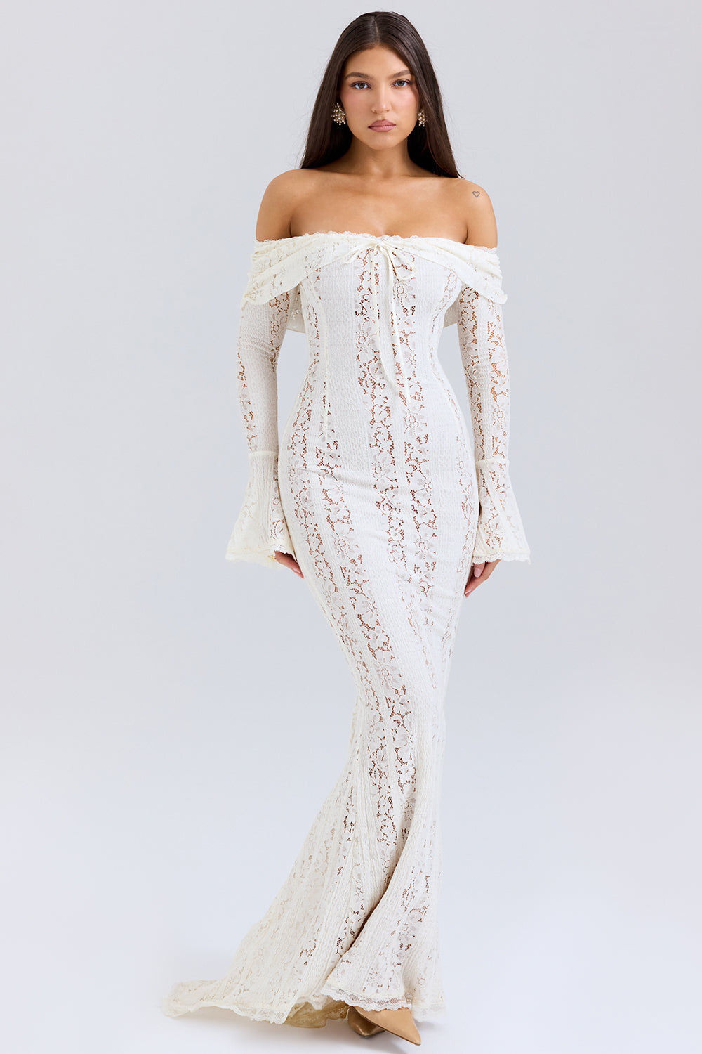 Lace Solid Off-Shoulder Midi Dress