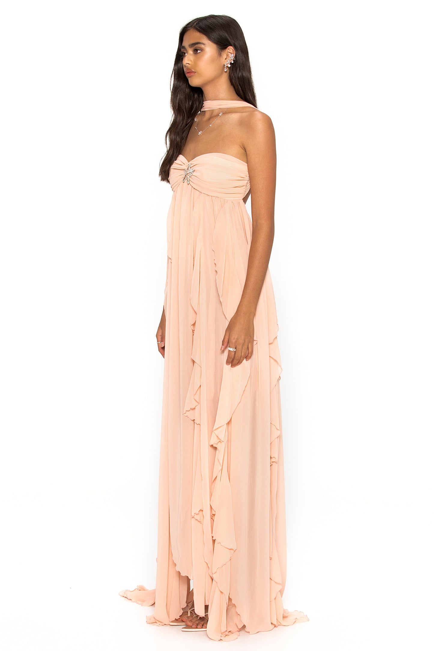 Chiffon Halter Neck Frill Midi Dress