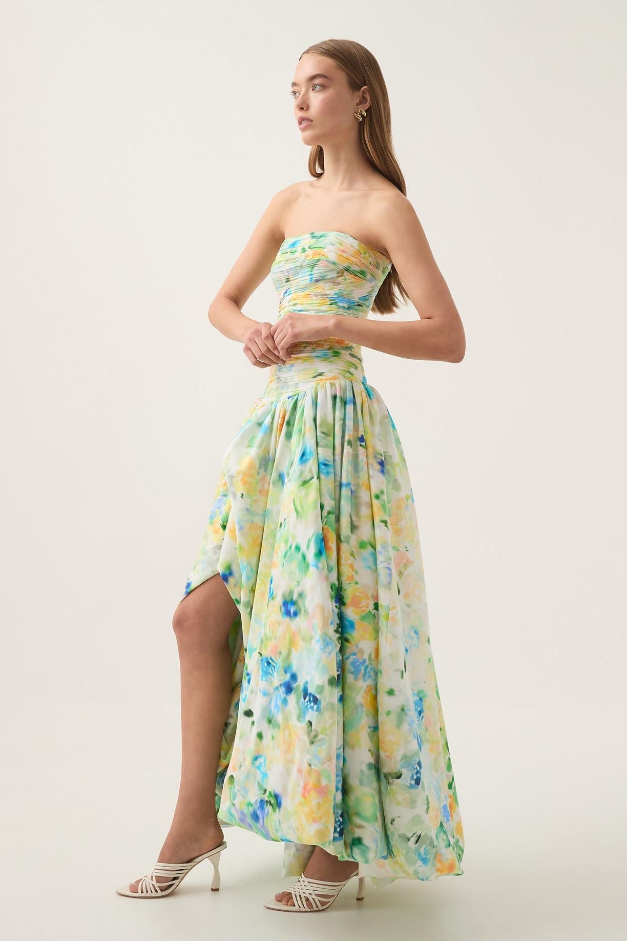 Tie Dye Pleat Split Midi Dress