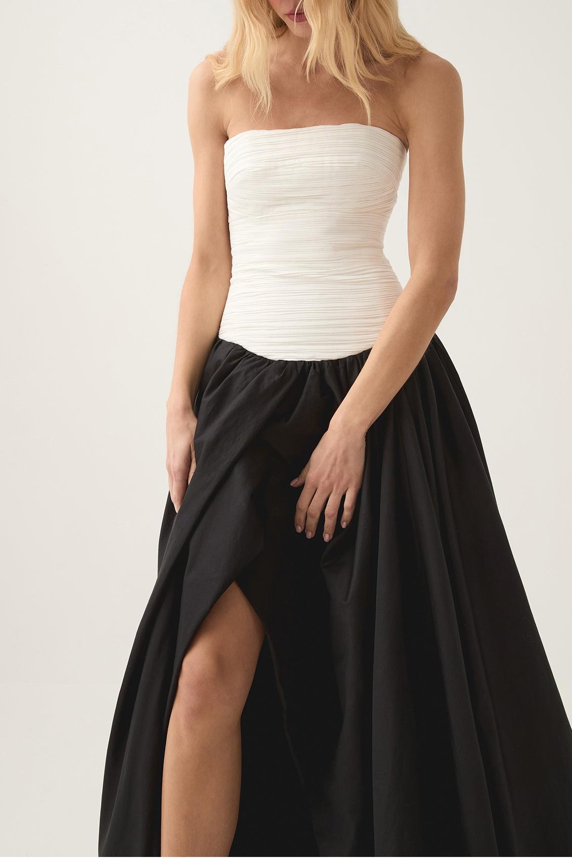 Pleat Split Contrast Color Off-Shoulder Midi Dress