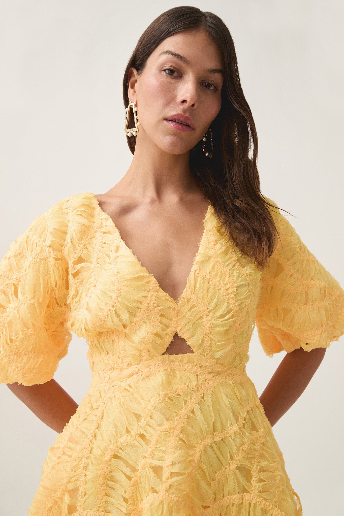 Cut-Out V-Neck Puff Sleeve Mini Dress