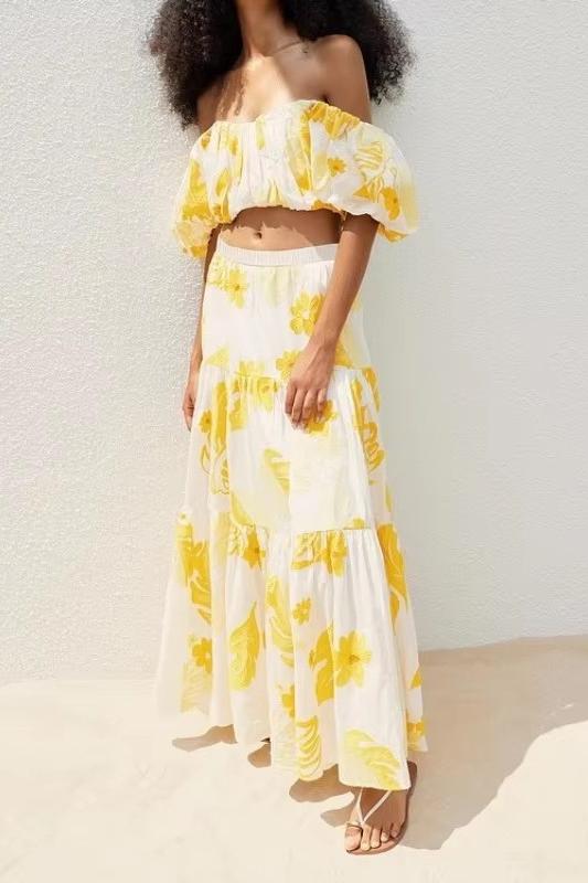 Embroidery Off-Shoulder Top & High Waist Midi Dress Set
