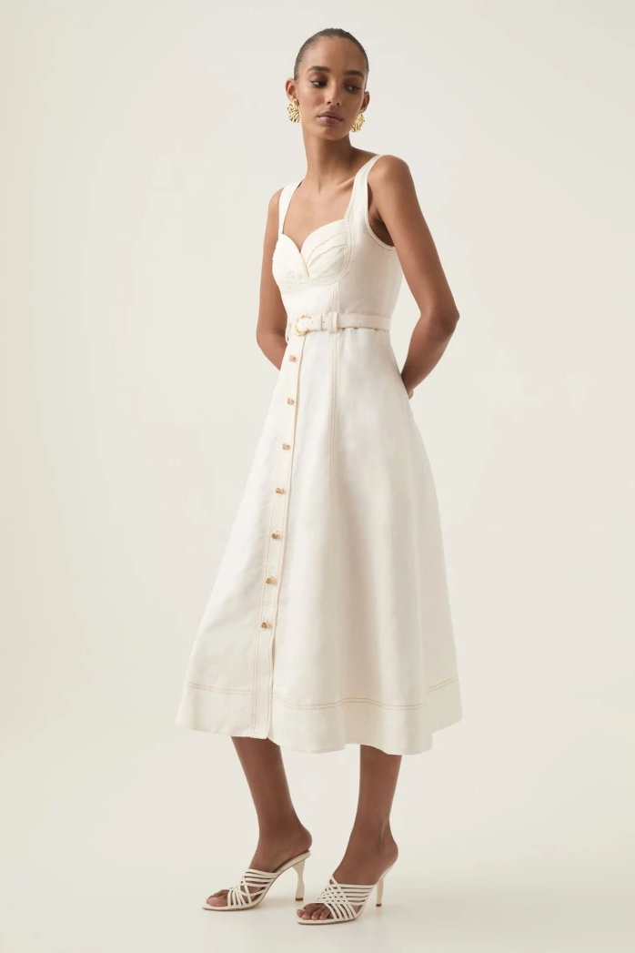 Square Neck Solid Linen Midi Dress With Belt