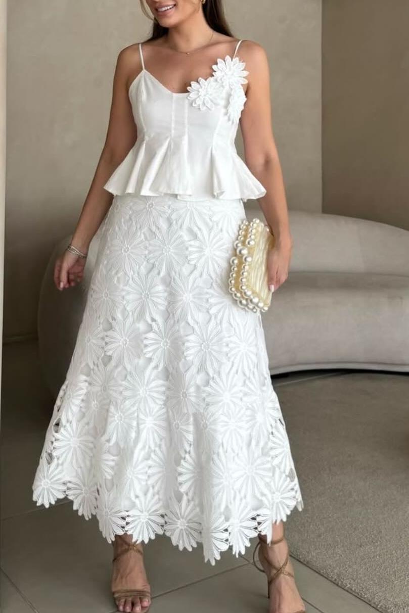 3D Floral Top & High Waist Embroidered Skirt Set