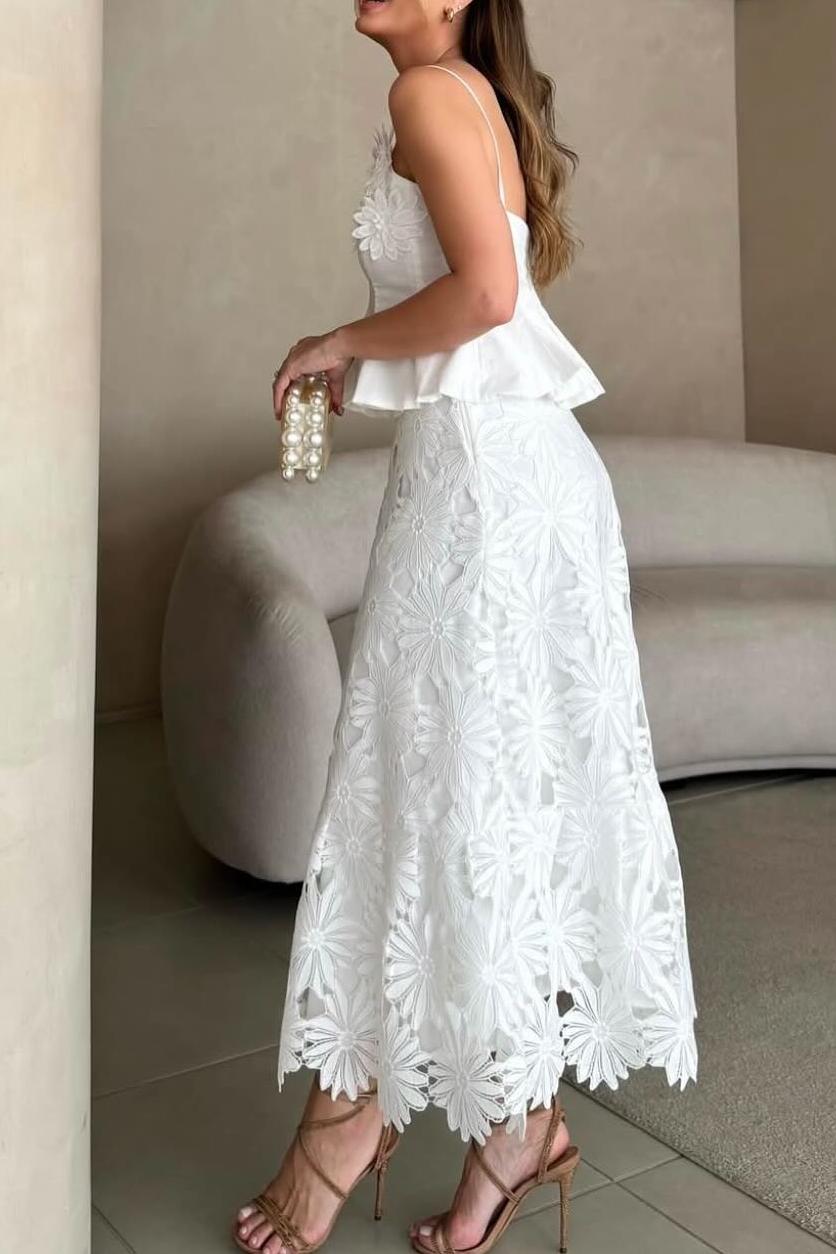 3D Floral Top & High Waist Embroidered Skirt Set