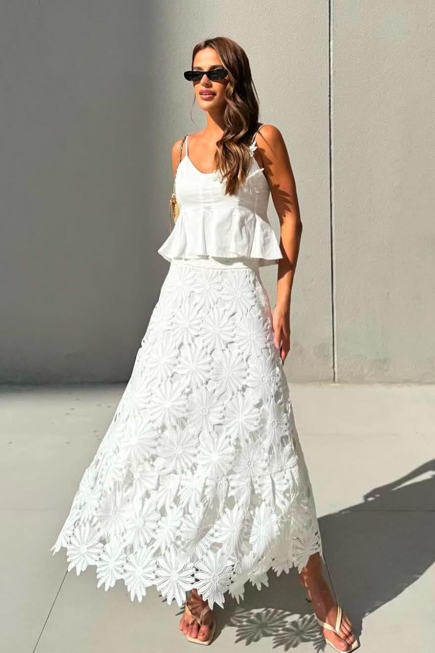 3D Floral Top & High Waist Embroidered Skirt Set