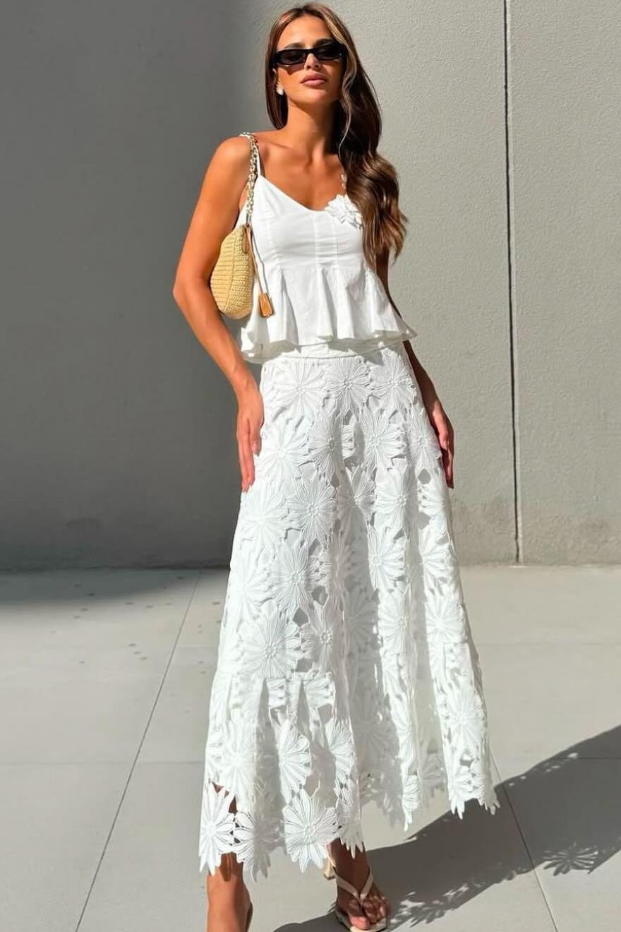 3D Floral Top & High Waist Embroidered Skirt Set
