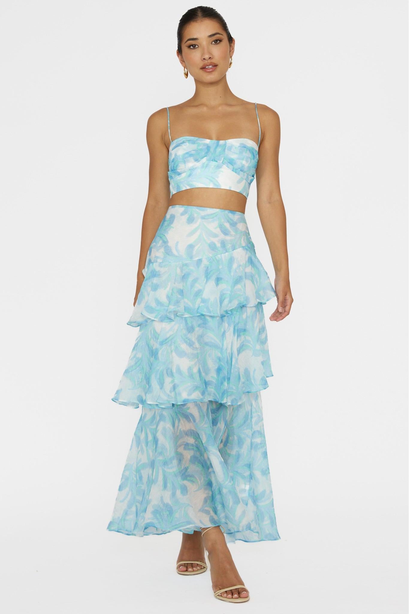 Abstract Print Top & High Waist Ruffle Skirt Set