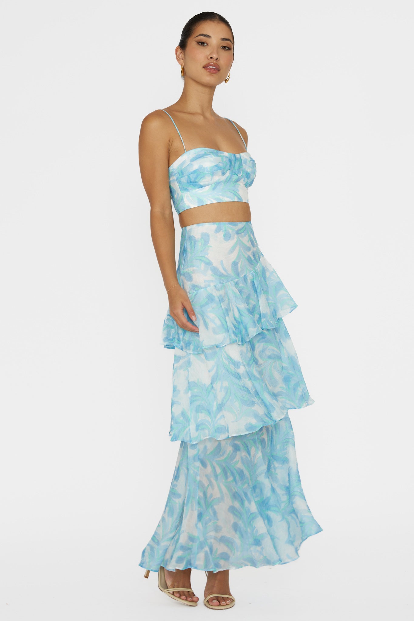 Abstract Print Top & High Waist Ruffle Skirt Set