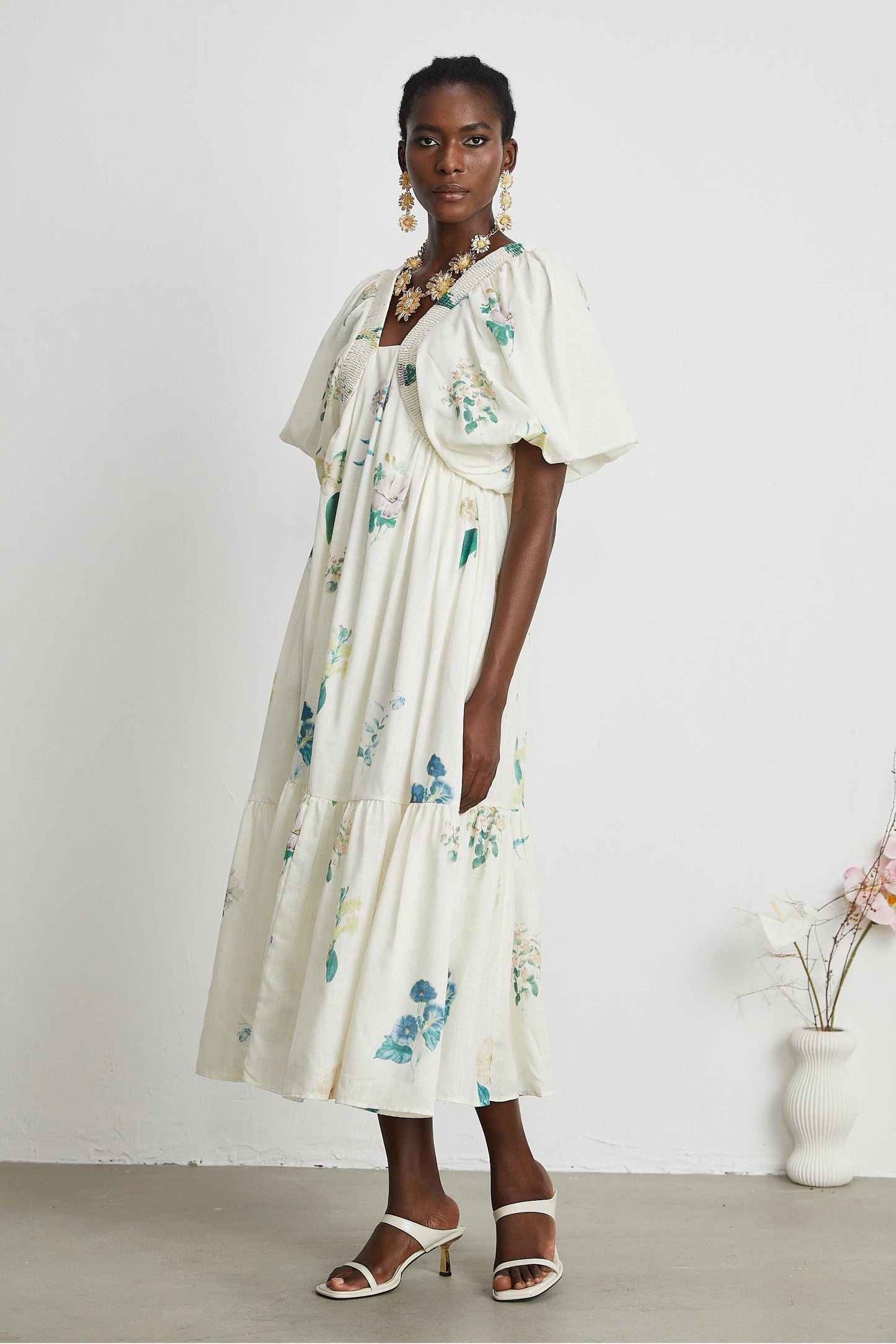 Floral Puff Sleeve Smocking Midi Dress