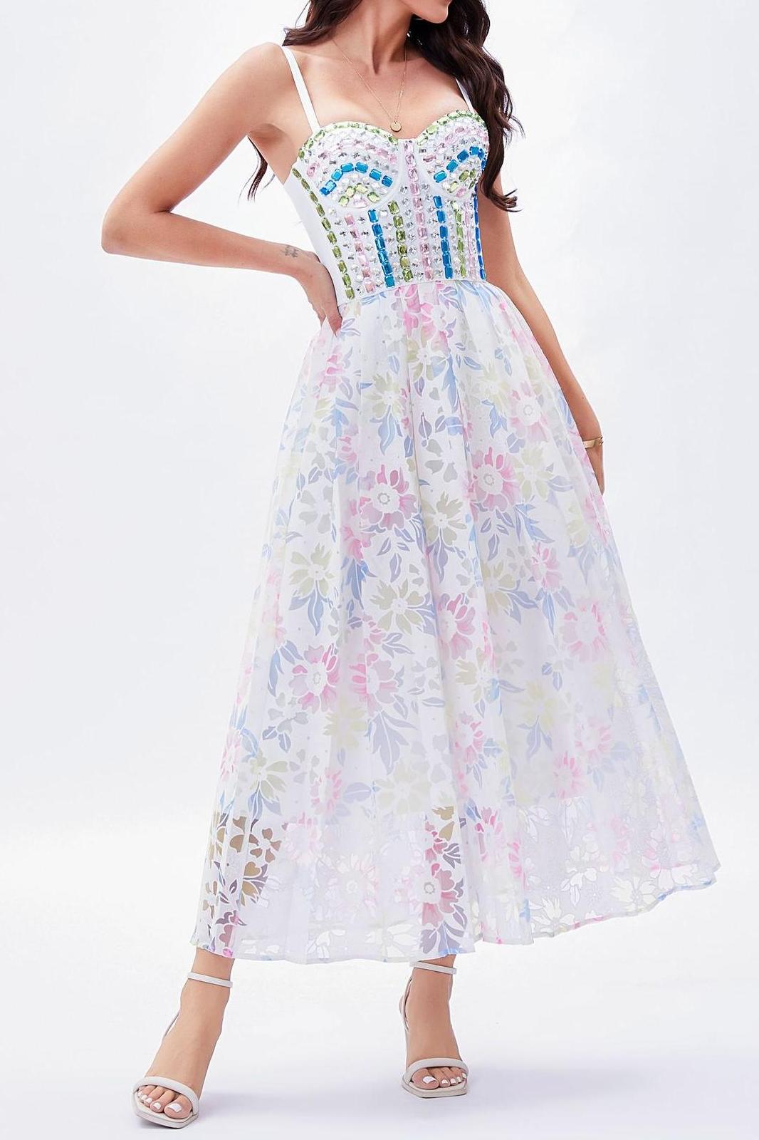 Rhinestone Corset Pleated Midi Dress