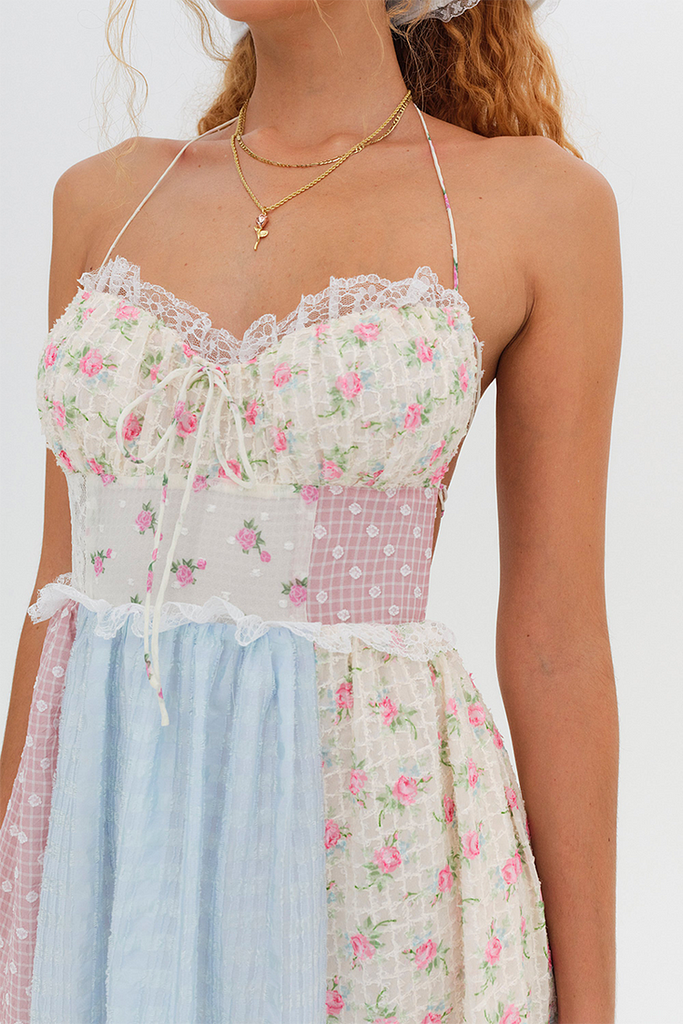 Floral Patchwork Print Lace Midi Dress