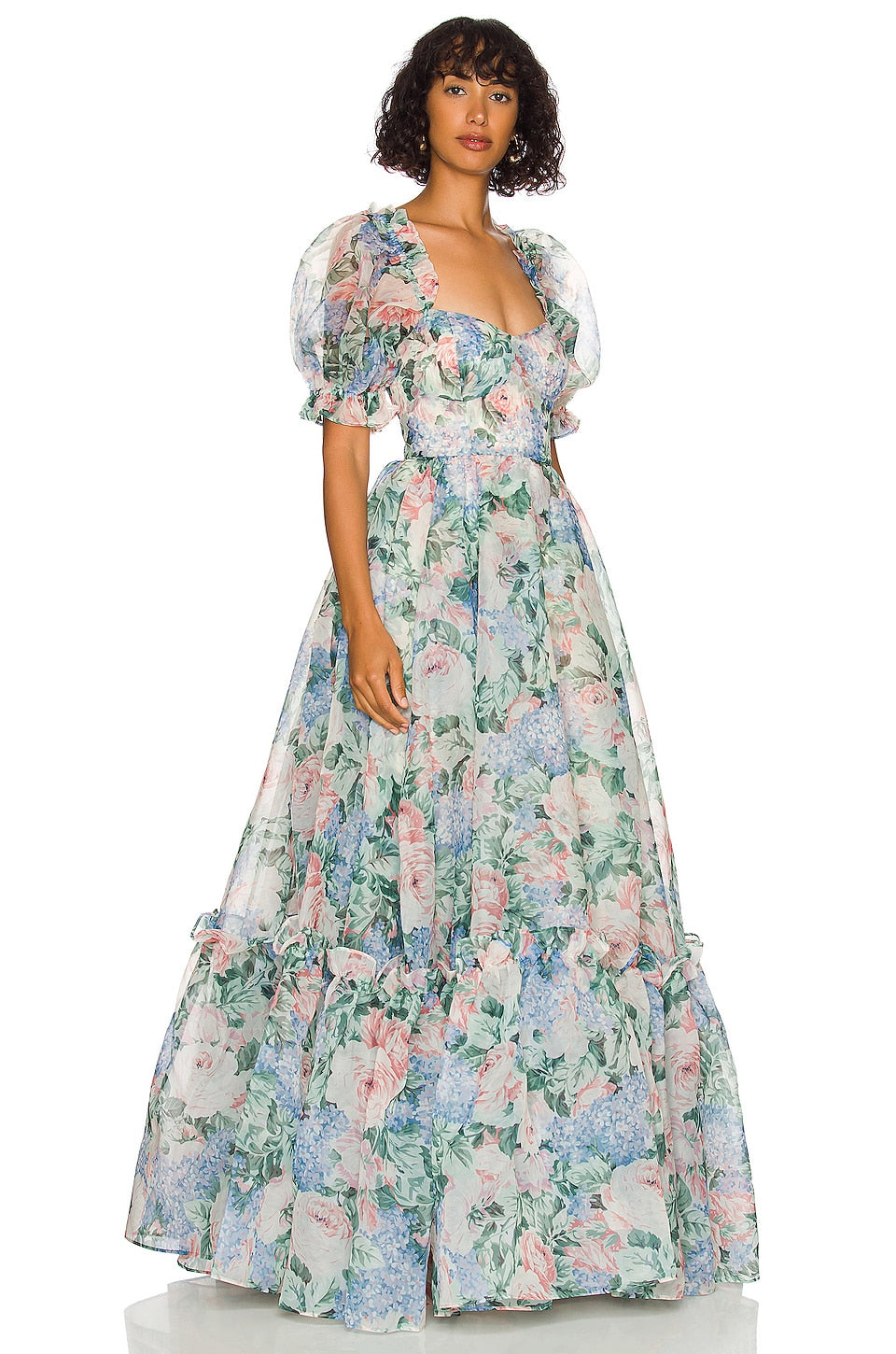 Chiffon Floral Puff Sleeve Ruffle Maxi Dress