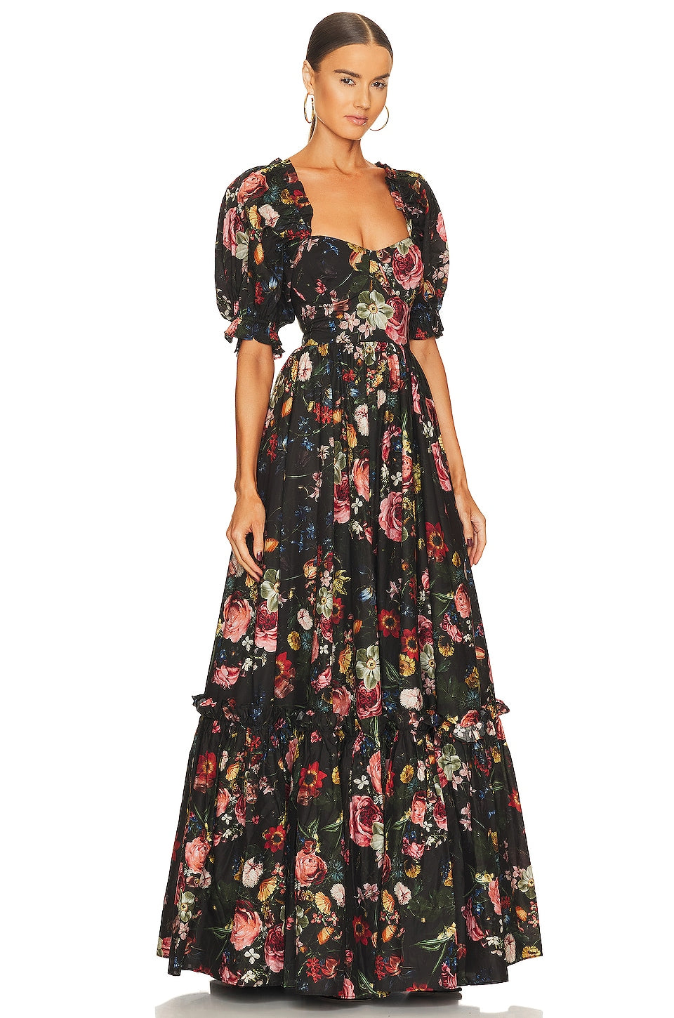 Floral Puff Sleeve Sweetheart Neck Maxi Dress