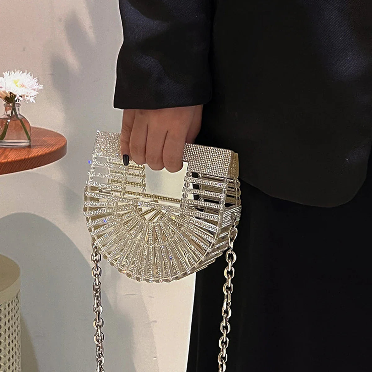 Half Moon Rhinestone Bling Basket Clutch Bag for Women
