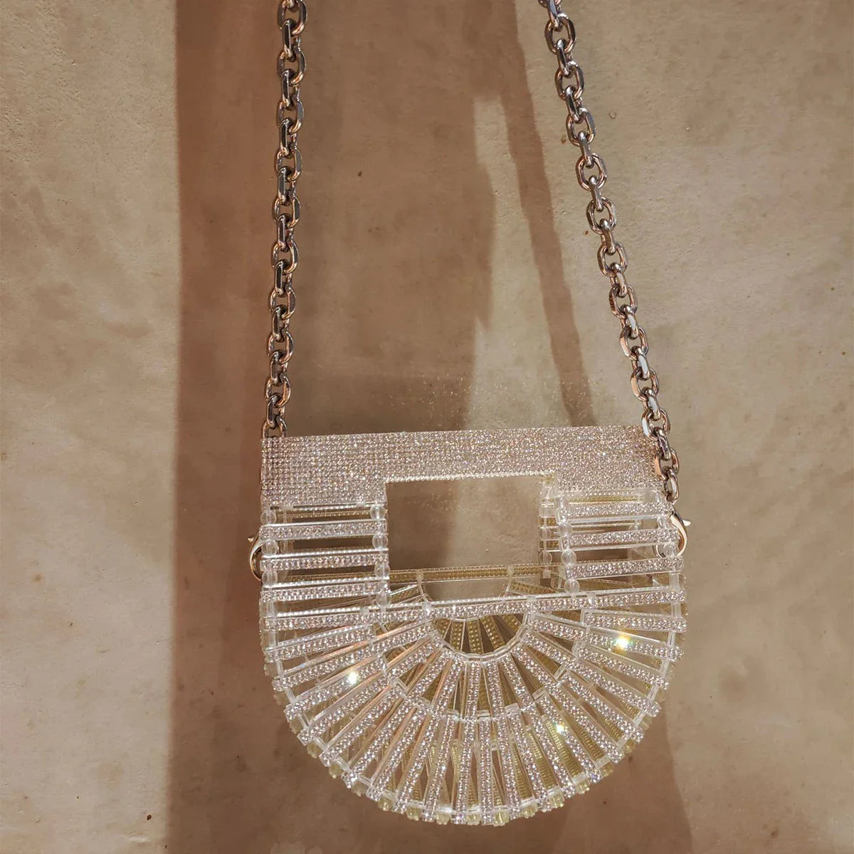 Half Moon Rhinestone Bling Basket Clutch Bag for Women