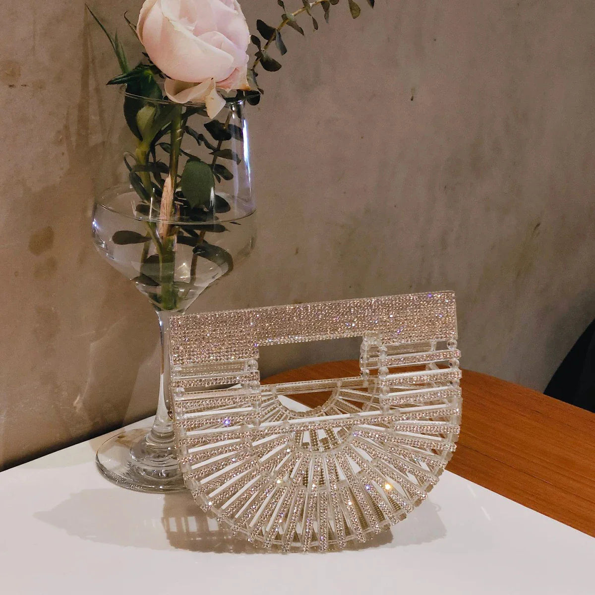 Half Moon Rhinestone Bling Basket Clutch Bag for Women