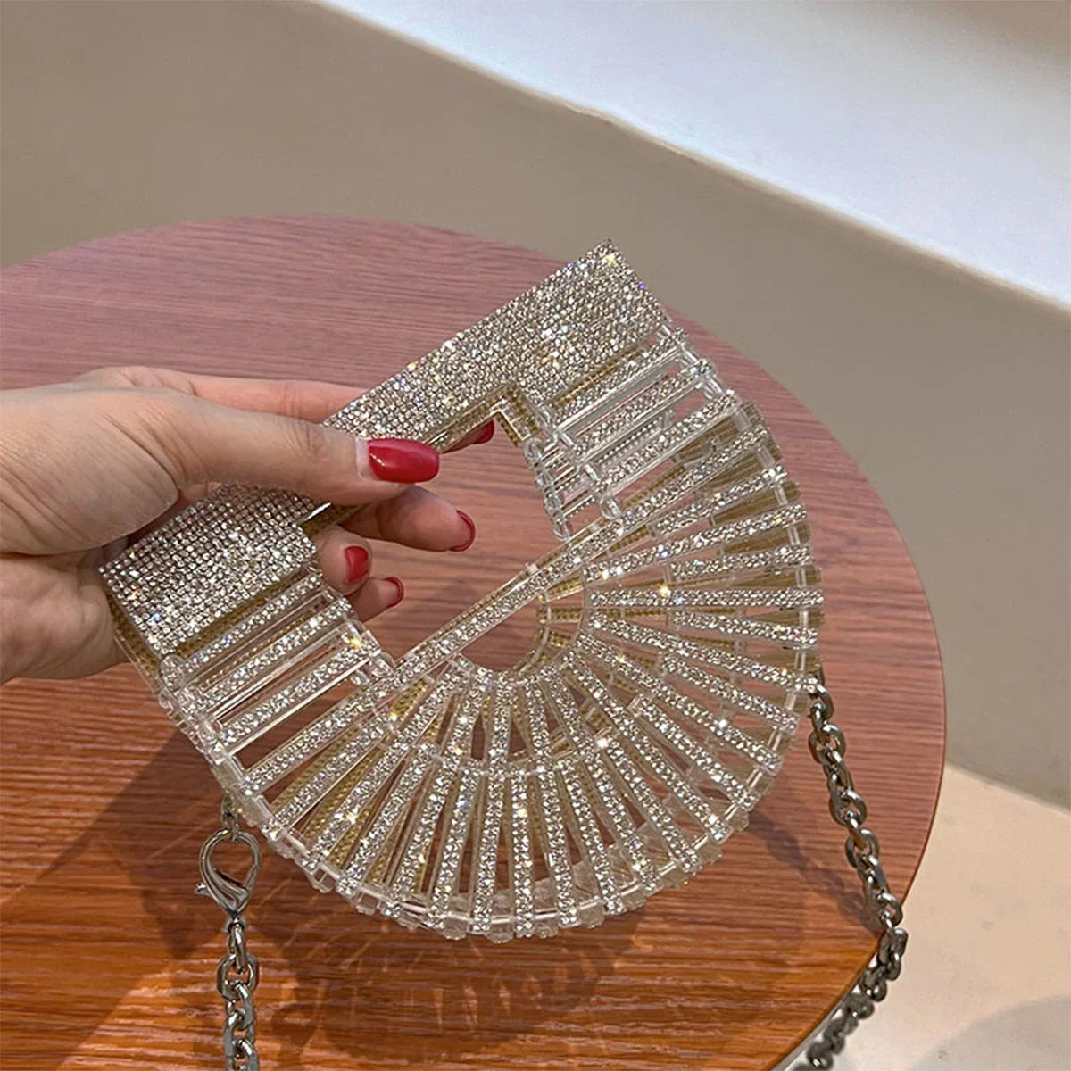 Half Moon Rhinestone Bling Basket Clutch Bag for Women
