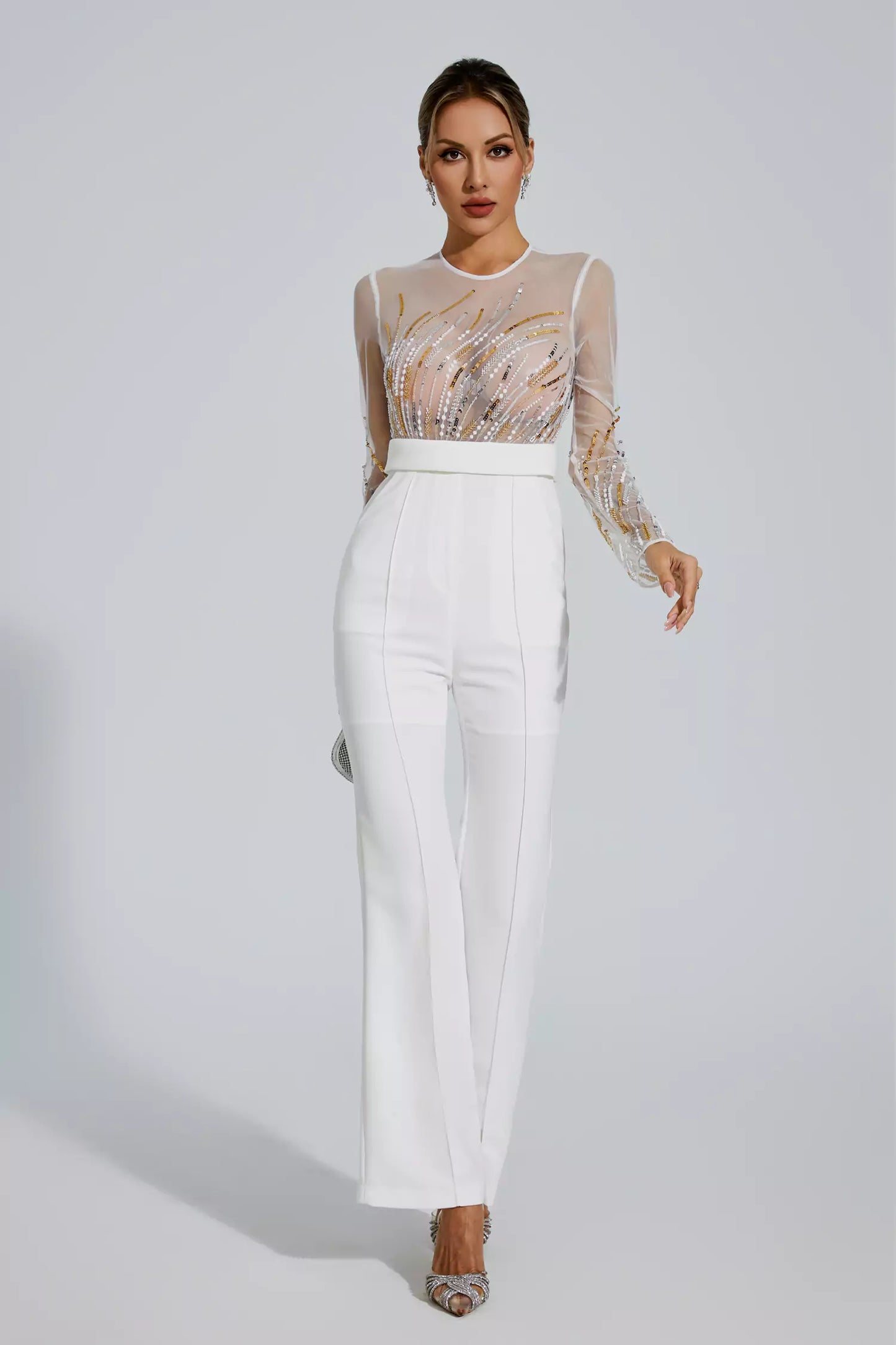 Jaycee White Sequin Mesh Jumpsuit