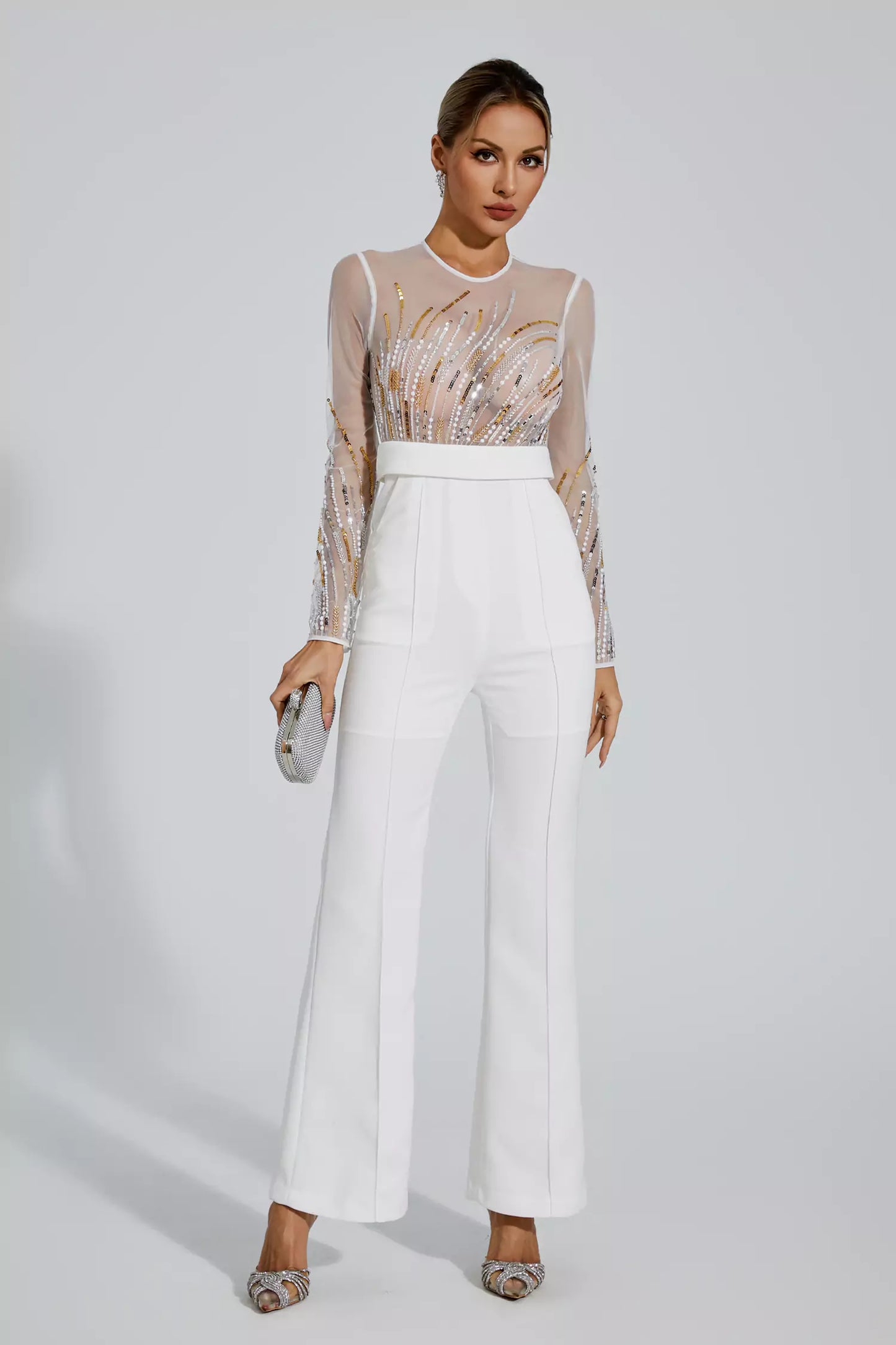 Jaycee White Sequin Mesh Jumpsuit