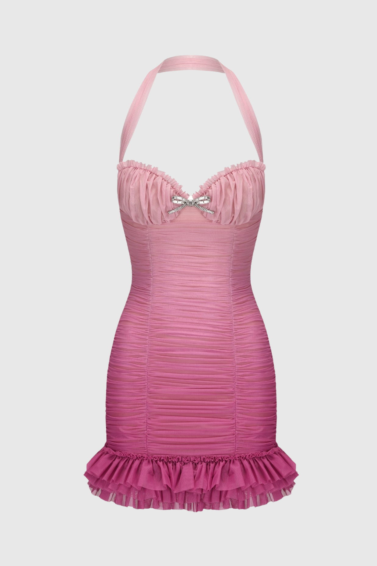Jodelle Halter Mesh Gradient Rushed Mini Dress - Pink