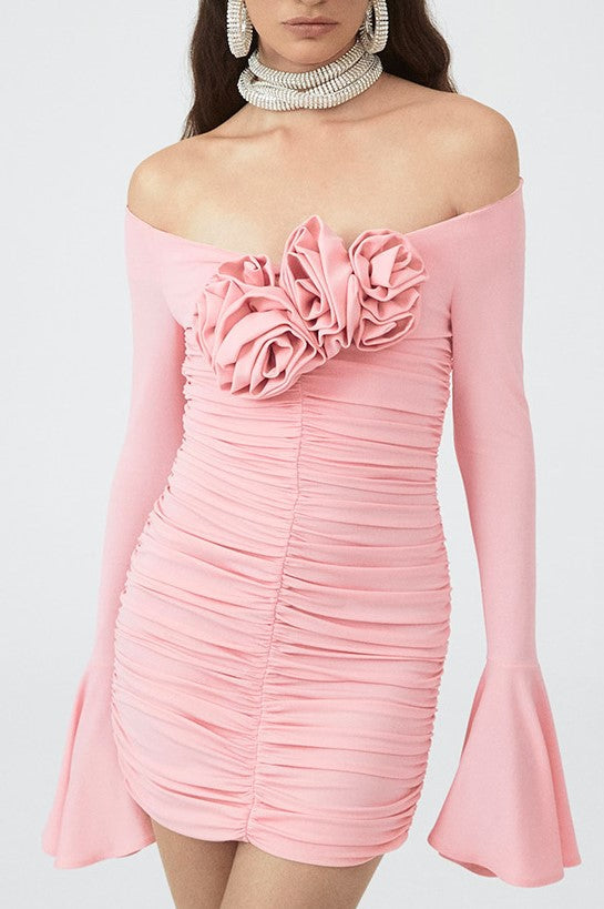Karla Ruched Flower Off Shoulder Mini Dress