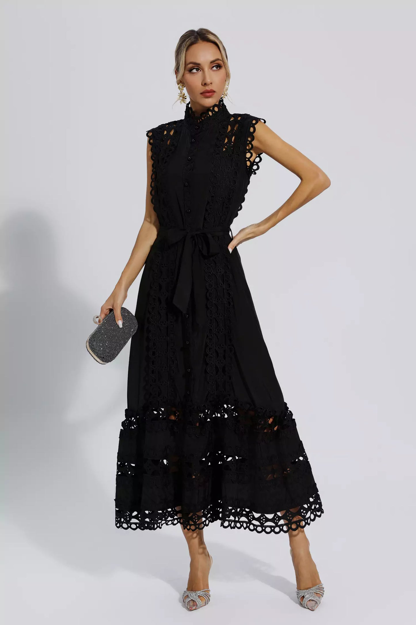 Kennedi Sleeveless Hollow Maxi Dress-Black