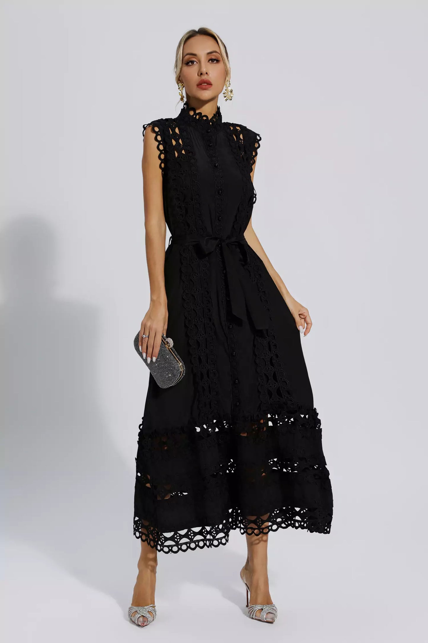 Kennedi Sleeveless Hollow Maxi Dress-Black