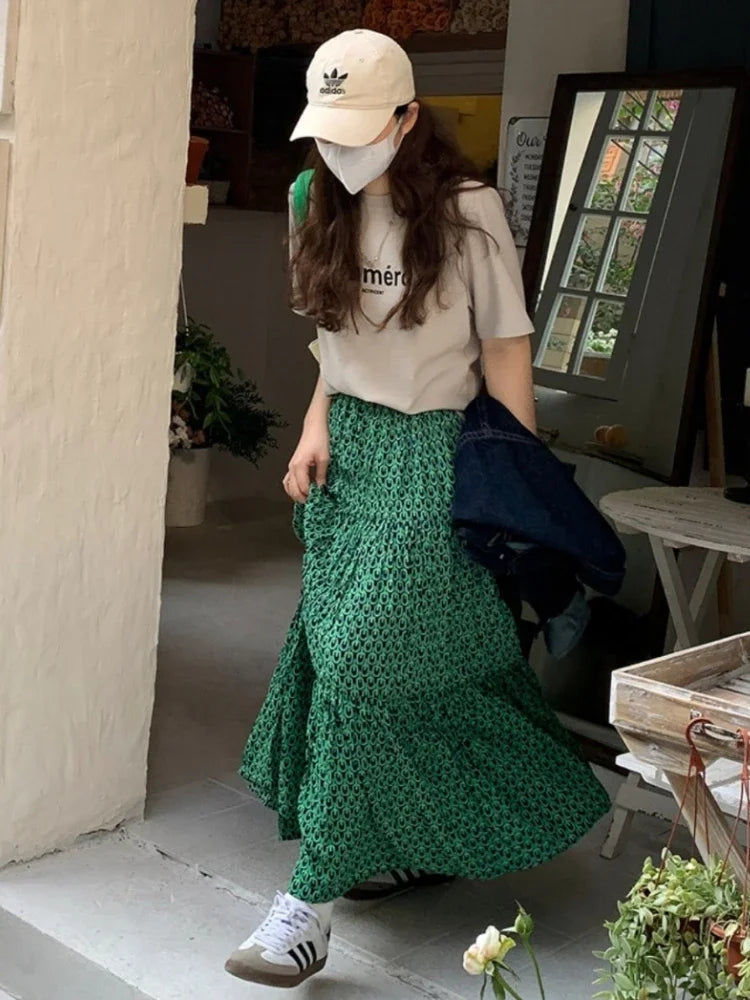 Korean Style Casual Classic Ladies Maxi Floral Skirt Loose A-line